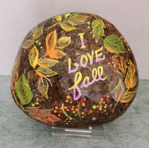 Handmade "I Love Fall" Decor Rock with Colorful leaves